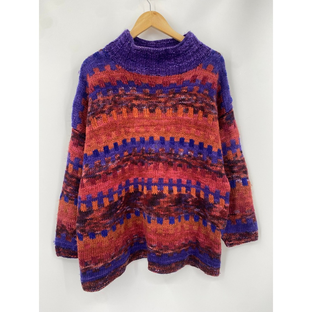 Handmade Chunky Knit Sweater Womens Multicolor Geometric Fair Isle Mock